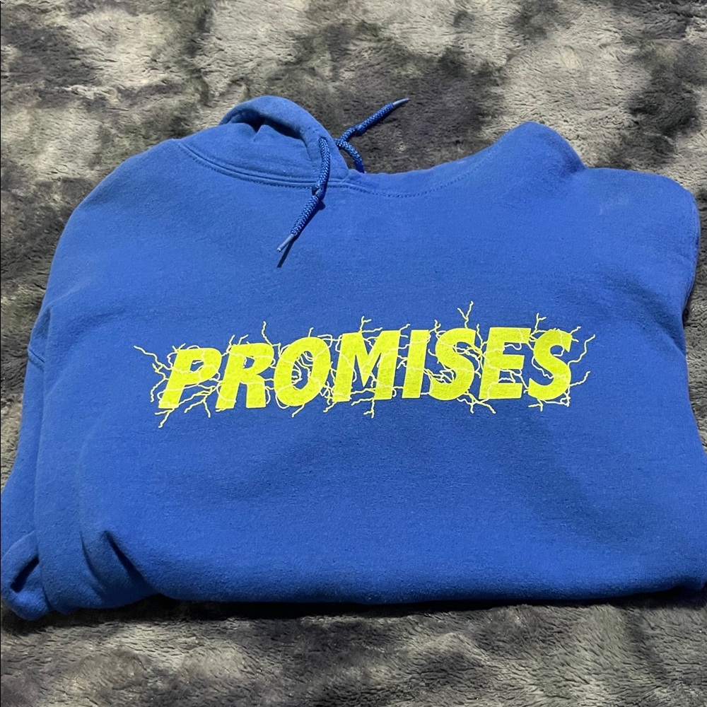 Broken Promises Blue Hoodie with Yellow 'PROMISES' Graphic